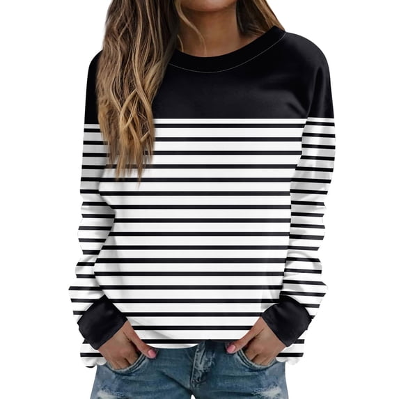 Black Sweatshirt for Women Sweatshirt Oversized Striped Crewneck – Long Sleeve 2024 Trendy Fall Fashion Pullover Preppy Clothes Women Fall Clothes
