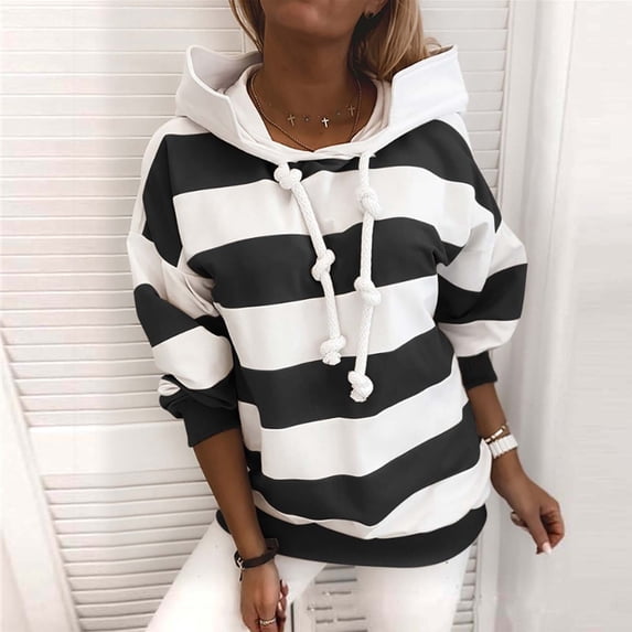 Black Sweatshirt for Women's Autumn and Winter New Fashionable Casual Striped Color Blocking Hoodie Women Fall Clothes