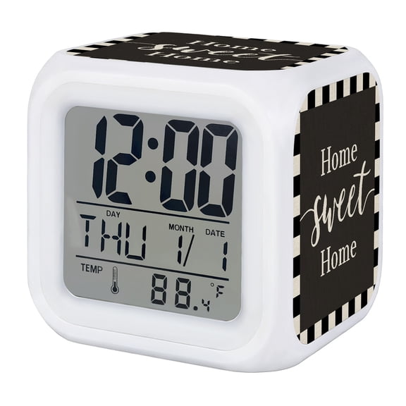 Black Sweet Home Digital Alarm Clock for Bedrooms, Smart LED Alarm Clock with 7 Color Changing Night Light, Modern Art Black White Checkered Silent Wake Up Clocks for Sleep Study Cooking 3.2"x3.2"