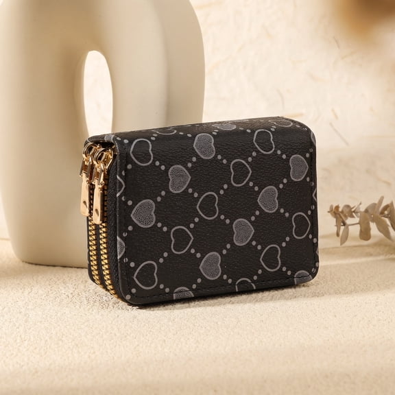 Black SweetHeart Zip Mini Wallet – Compact Double-Zipper Card & Coin Holder