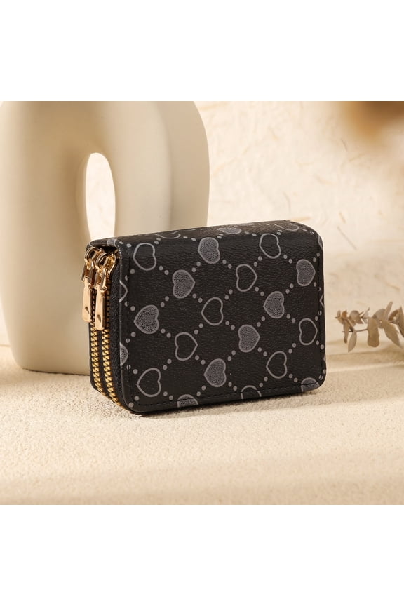 Black SweetHeart Zip Mini Wallet – Compact Double-Zipper Card & Coin Holder