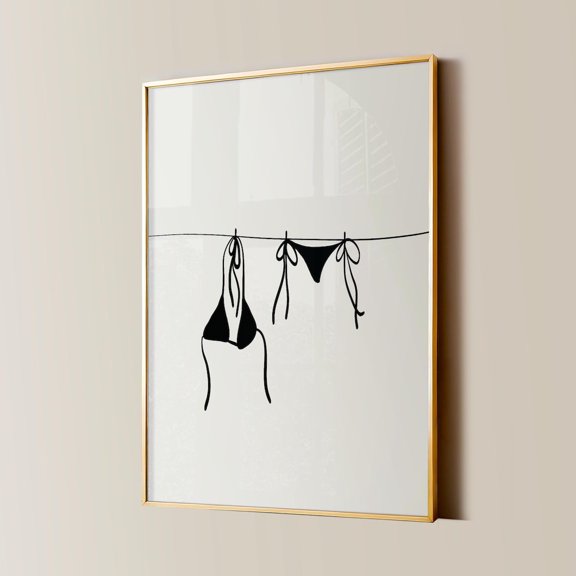 Black Swimsuit Clothesline Wall Art Bikini Hanging Beachy Coastal Summer Aesthetic Decor, Unframed Canvas 8x10in