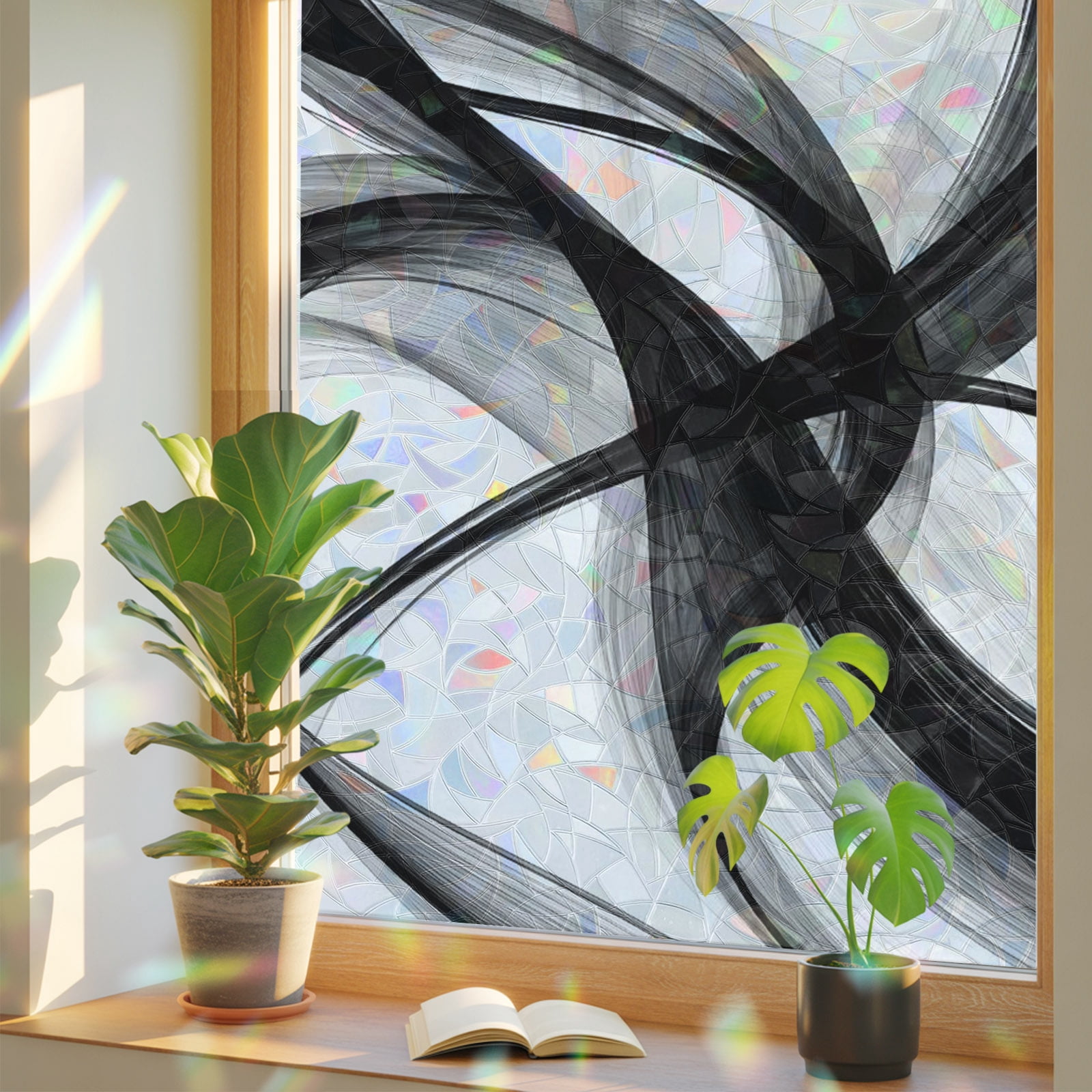Windows Rainbow Ribbons Black Swirling Ribbon Window Privacy Film, Boho Modern Minimalist ...