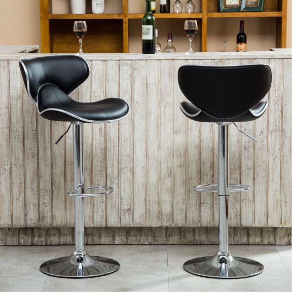 Black Swivel Of 2 - Adjustable With Foam-injected Faux Leather Seat Base 360 Degree Rotation Ideal For Various Places Including Living Room, Dining Bar, Office, Outdoor 2pcs In Base, Foam Filling,