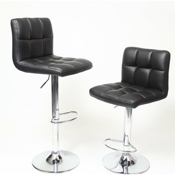 Black Swivel Adjustable Hydraulic Bar Stools (2). Faux Leather Seat With Foam Filling For Extra Cushion. Chromed Base And 360 Degree Rotation. Footrest Included. From Counter To Heights. For Living