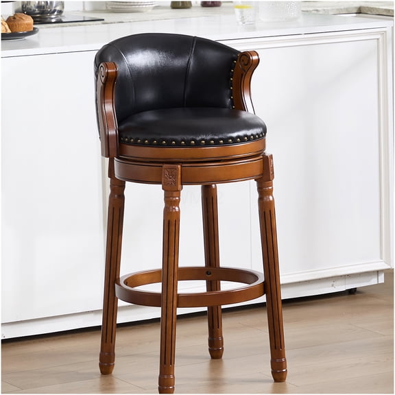 Black Swivel Bar Stool with Back, Cowhide Upholstered Seat and Solid Wood Frame for Kitchen Island, Counter Height, 360 Degree Rotation