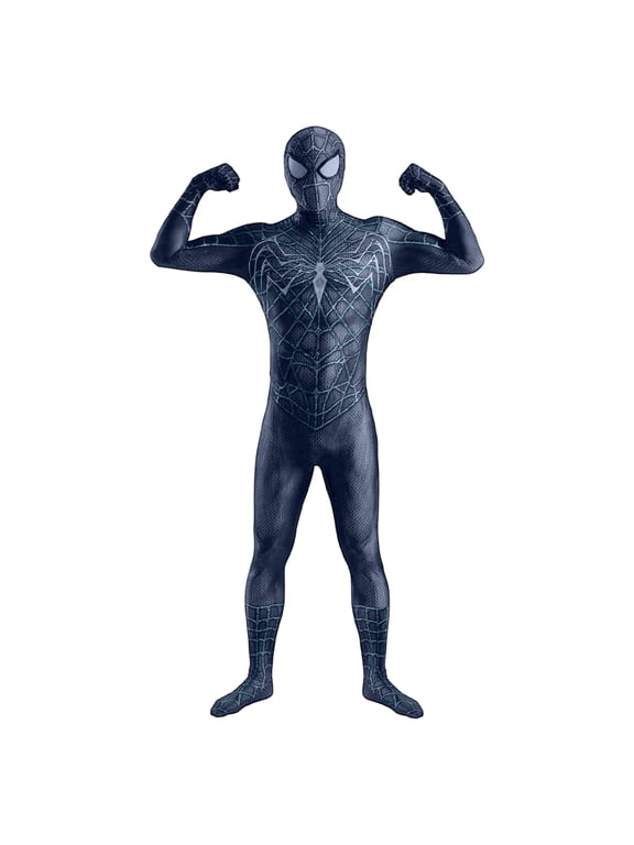 Black Symbiote Spider Hero Full Body Zentai Suits Silver Web Printed Superhero Costumes Ideal for Men Comic Exhibition Outfits