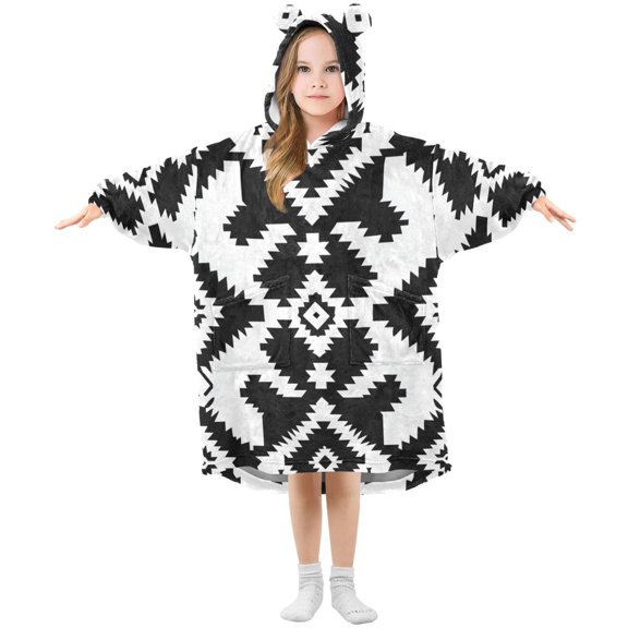 Black Symmetrical Abstract Patterns Flannel Wearable Blankets Hooded Design Long Sleeves Wrap Unisex for 3T-14Y M