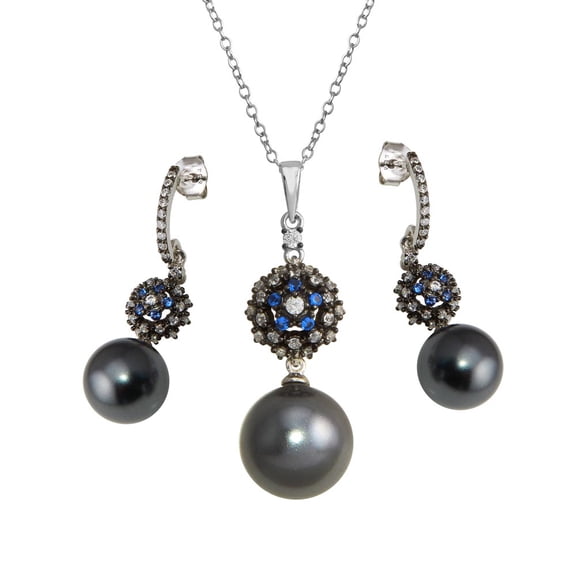 Black Synthetic Pearl Blue & Clear CZ Swirl Matching Set Sterling Silver