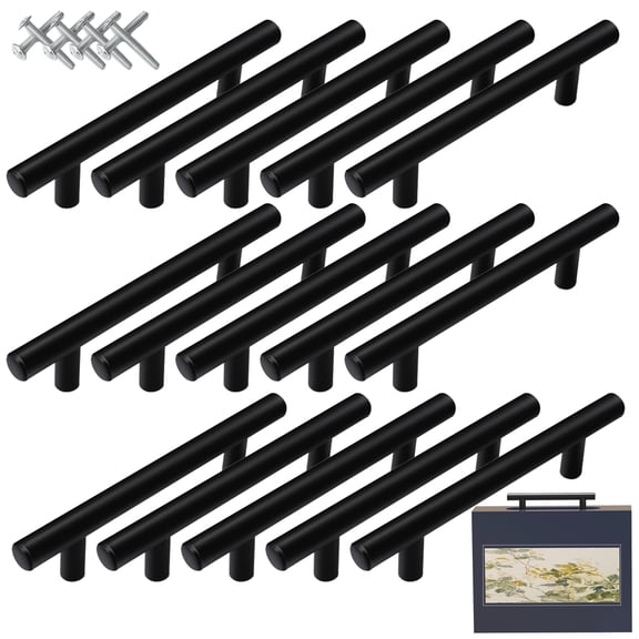 Black T Bar Cabinet Pulls with Screws, Solid Stainless Steel Drawer Handles Kitchen Cabinet Hardware, 3.78" Hole Spacing 15 Pack / 5.04" Hole Spacing 10 Pack, for Kitchen Dresser Bathroom Wardrobe