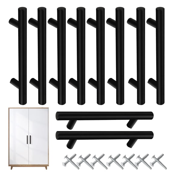 Black T Bar Cabinet Pulls with Screws, Solid Stainless Steel Drawer Handles Kitchen Cabinet Hardware, 3.78" Hole Spacing 15 Pack / 5.04" Hole Spacing 10 Pack, for Kitchen Dresser Bathroom Wardrobe