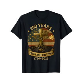 Black T-Shirt 250 Years Faith And Freedom 1776-2026 Graphic Tee With Cross Tree Flag Design
