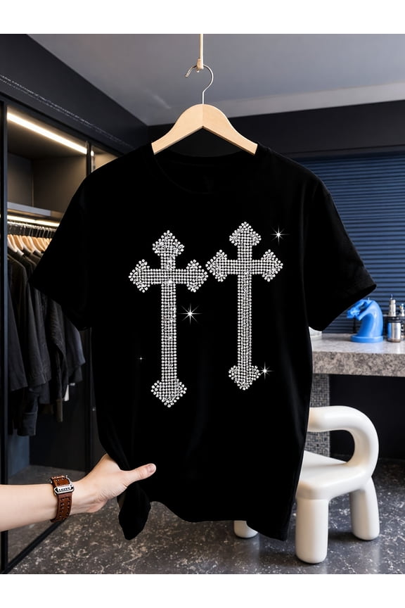 Black T-Shirt, Adorned with Sparkling Cross-Shaped Rhinestone Crystal Pattern, Features a Casual Round-Neck Design, Suitable for Evening Wear And Special Occasions,