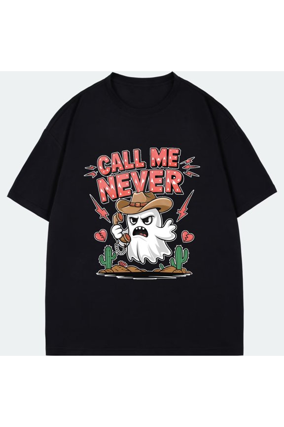 Black T Shirt Call Me Never Ghost With Cowboy Hat And Cactus Print For Casual Wear
