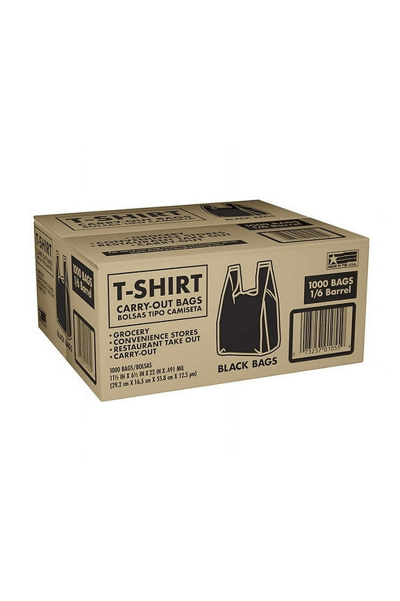 Black T-Shirt Carryout Bags - Thank You/Gracia 11.5" x 6.5" x 22" 1000 ct.