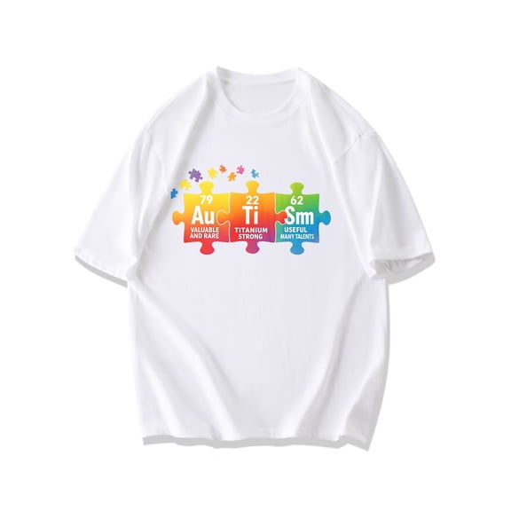 Black T Shirt With Colorful Puzzle Piece Chemical Element Design Featuring Au Ti Sm And Inspirational Text For Autism Awareness And Science Enthusiasts