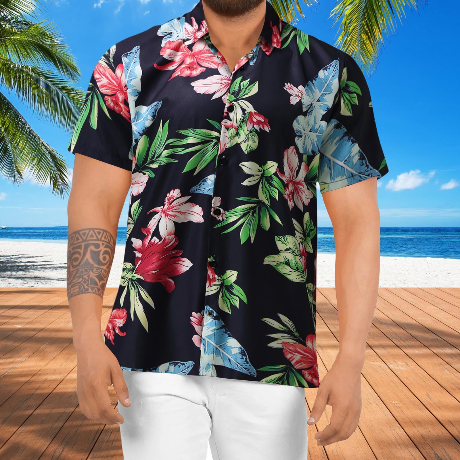 Century Star Men’s Hawaiian Shirt – Floral American Flag Print, Short Sleeve, 100% Polyester, Sizes S-3XL