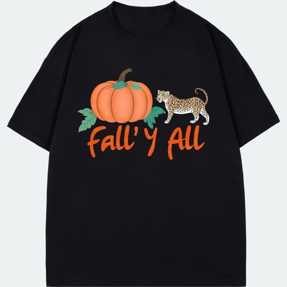 Black T Shirt Fall Y All Pumpkin And Leopard Print Halloween Autumn Casual Wear