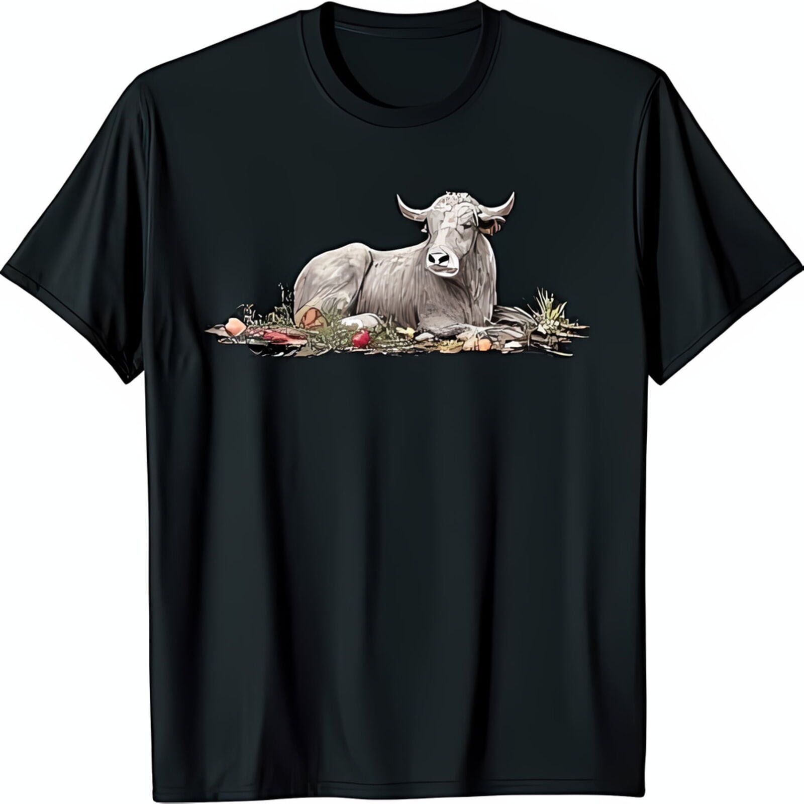 Black TShirt Featuring Calm Gray Yak Surrounded by Apples in Grass