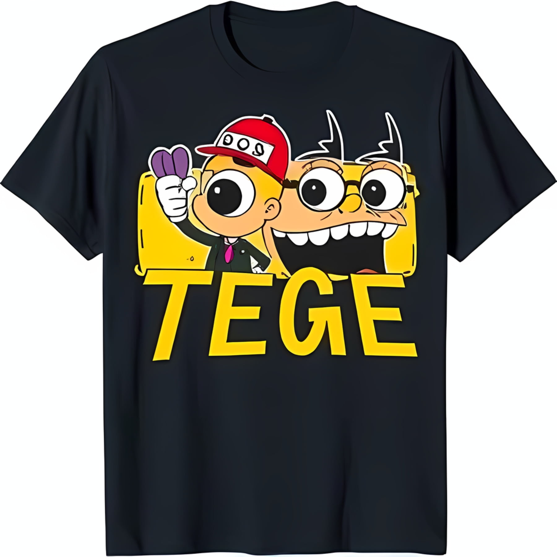 Black TShirt Featuring Cartoon Characters on Yellow Couch with 'TEGE