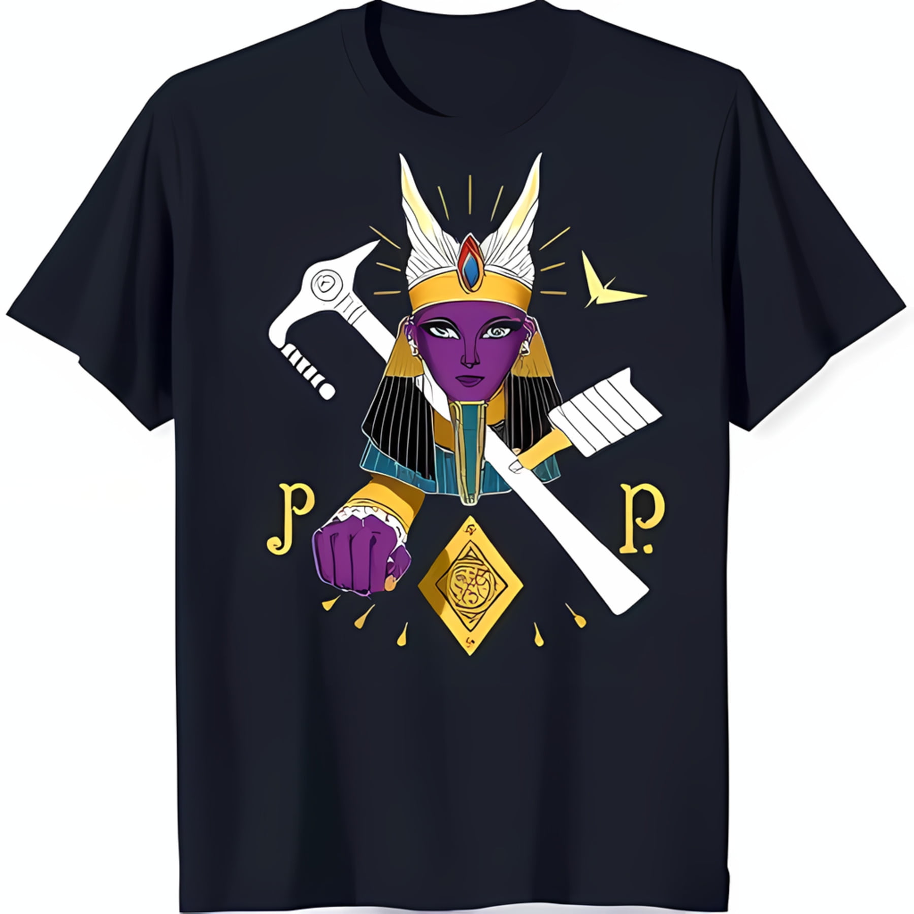 Black TShirt Featuring God with Golden Crown & Skin Crossed Staves and