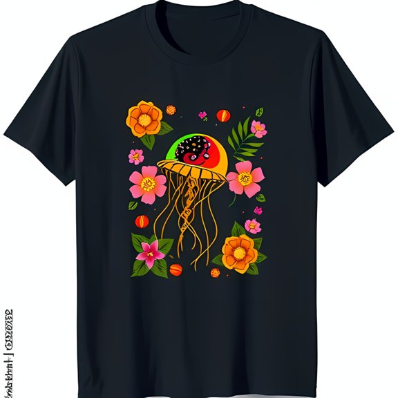 Black T-Shirt Featuring Stunning Jellyfish and Floral Design for Nature Lovers