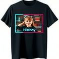 Black TShirt Featuring Young Girl with Blue Bow and 'Histboy' Design
