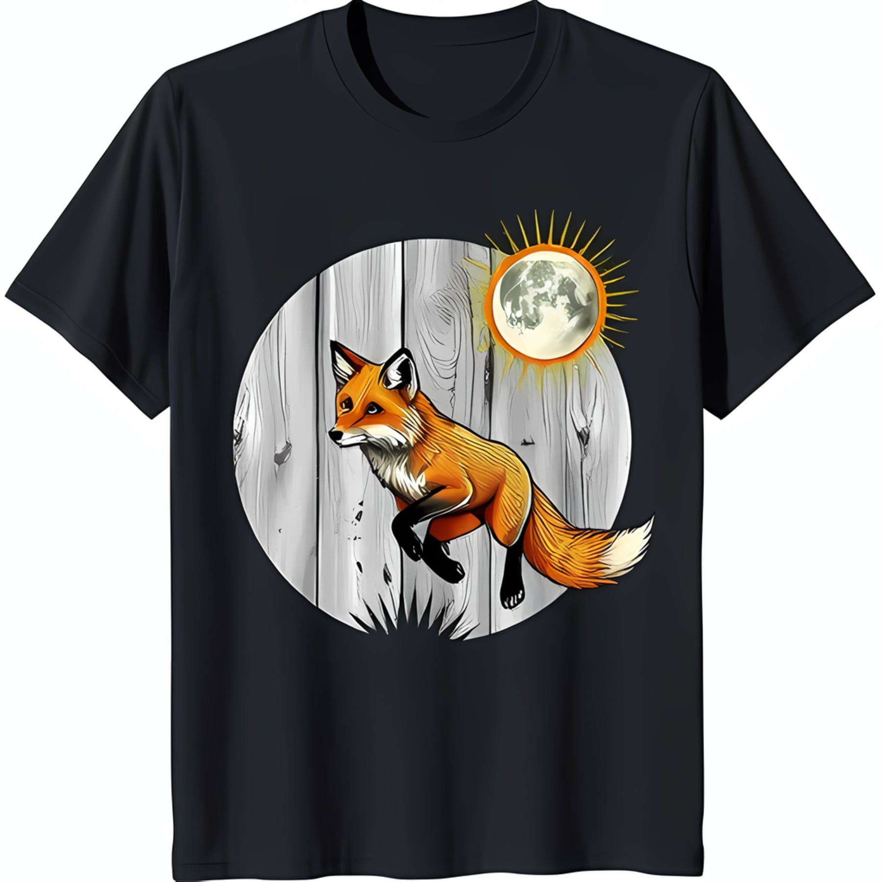 Black TShirt Featuring a Red Fox Jumping with Sun and Moon Design