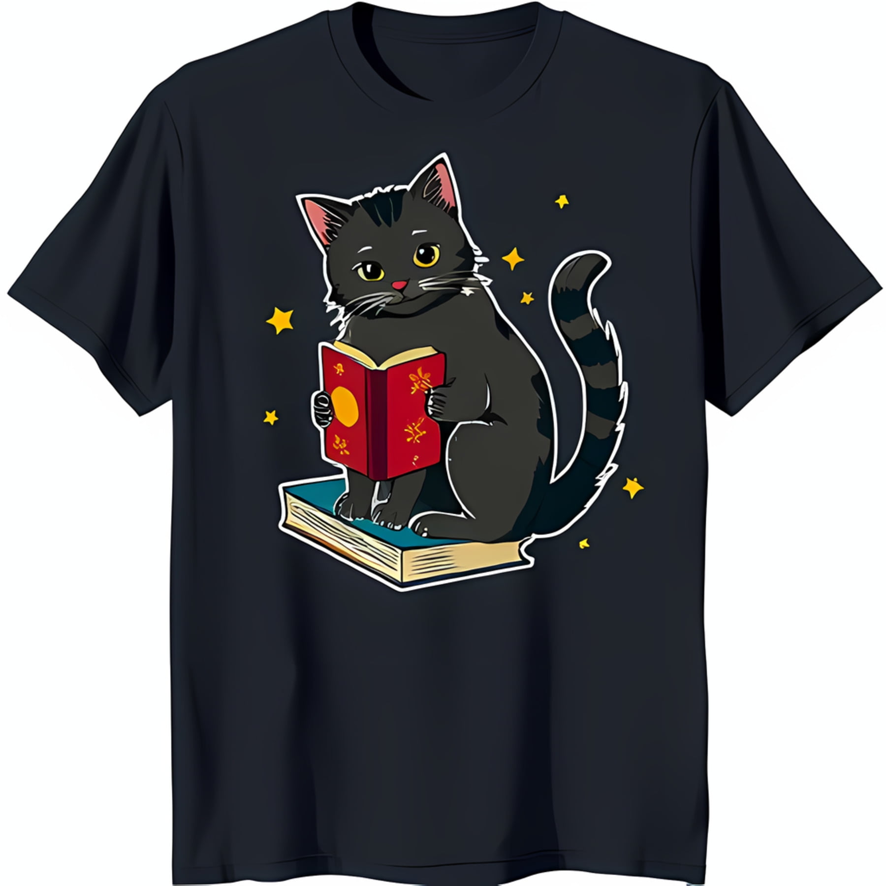 Black TShirt Featuring a Thoughtful Black Cat Reading a Red Book on