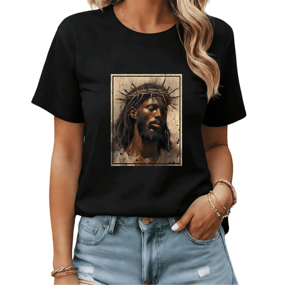 Black T-Shirt Graphic Tee Black Jesus Crown of Thorns Retro Art Casual S-5XL Tops