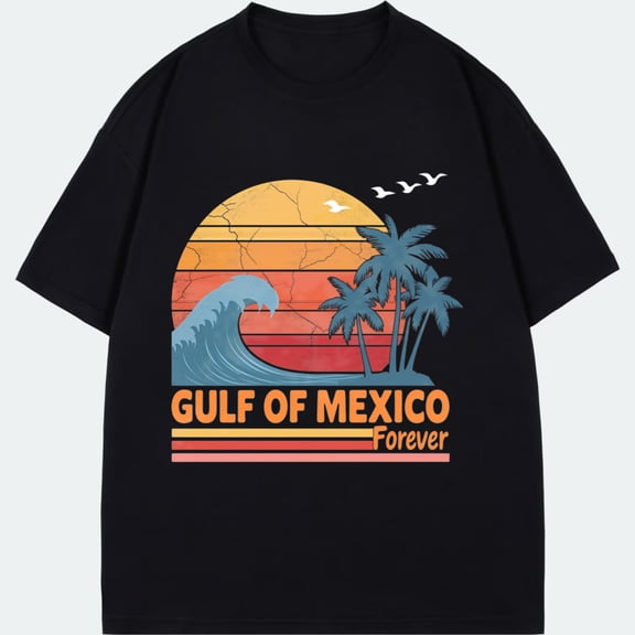 Black T-Shirt Gulf Of Mexico Sunset Palm Trees And Wave Graphic Forever Text Beach Vacation Summer Wear