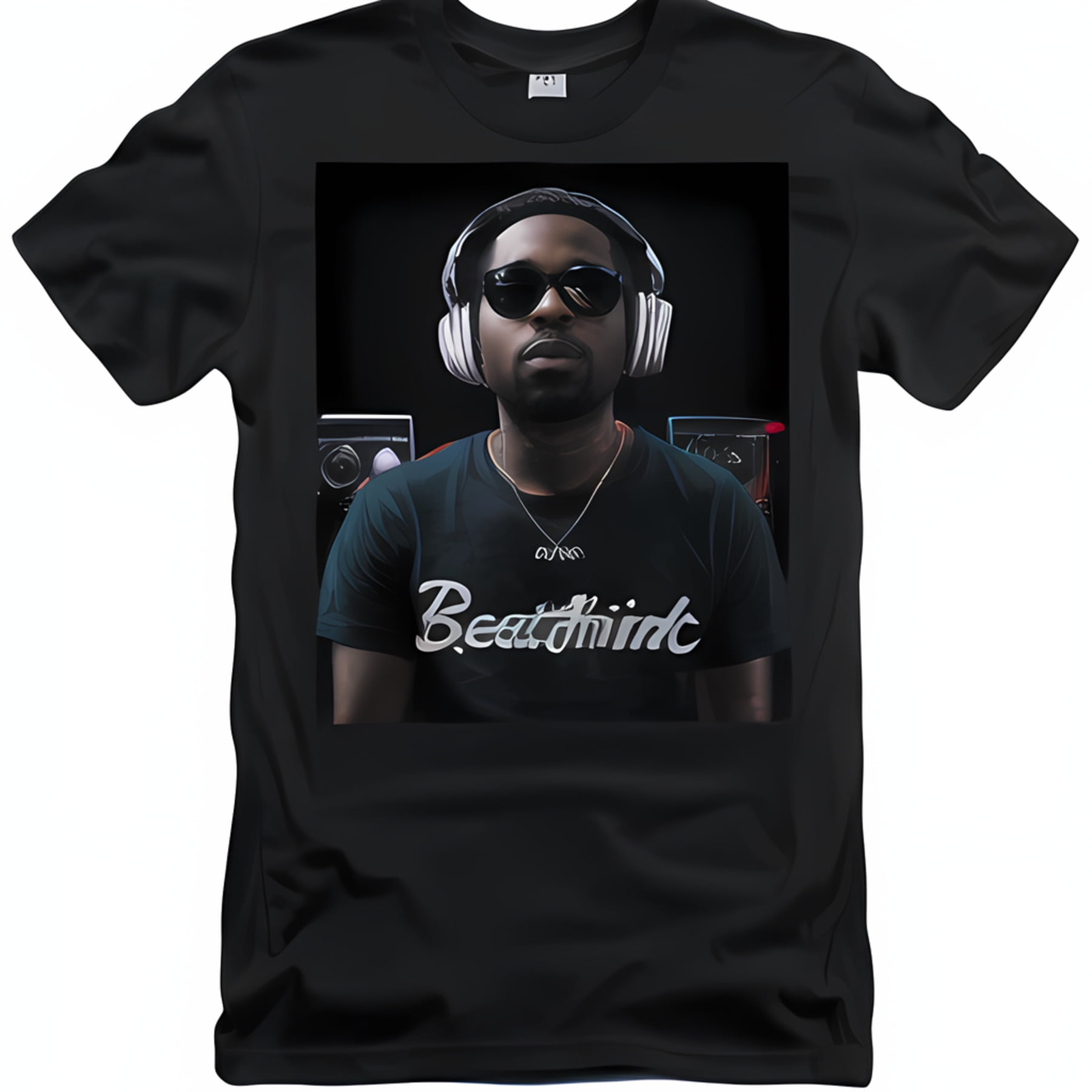 Black TShirt Hip Hop Inspired ' and Mind' Design with Man Headphones