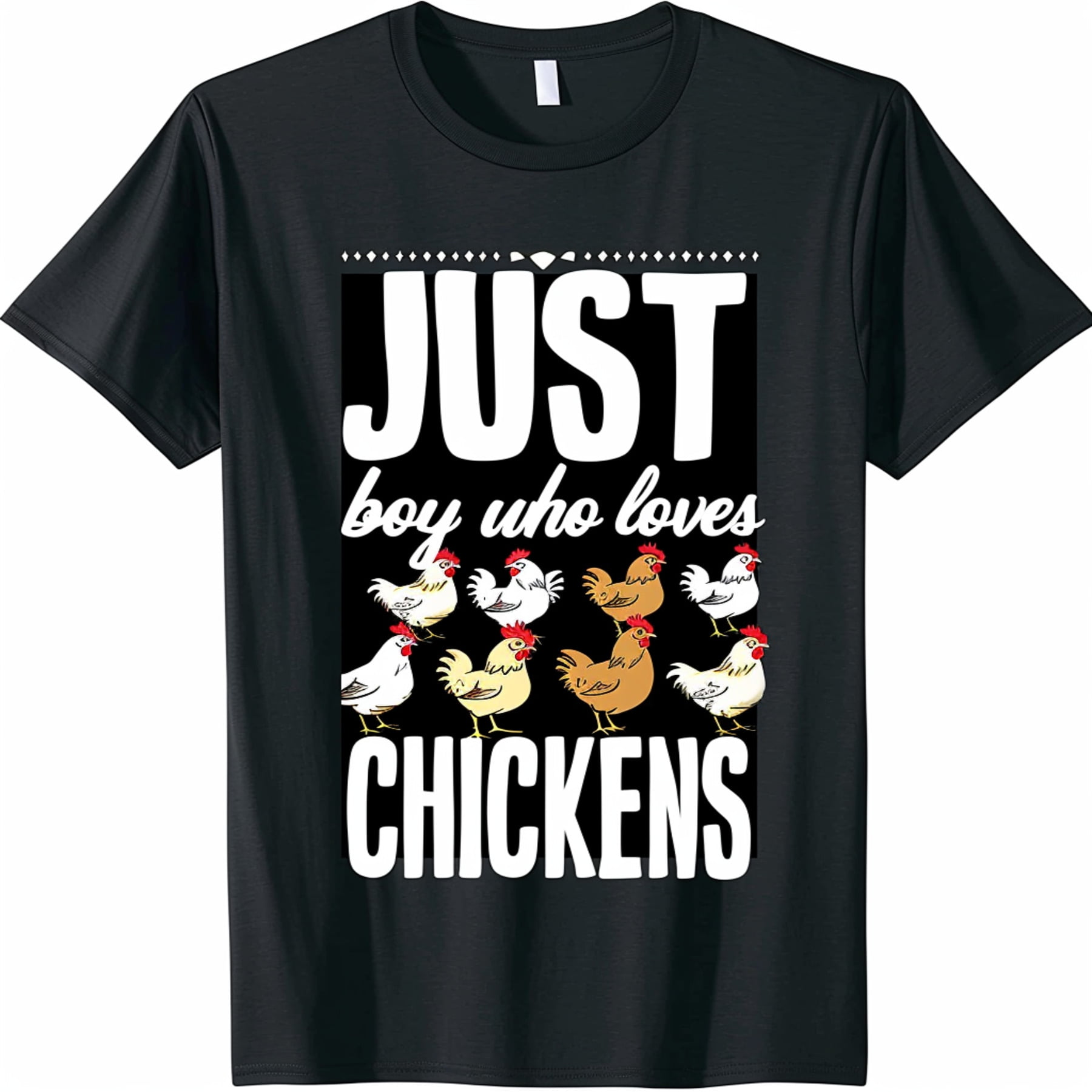 Black T Shirt: 'JUST A Boy Who Loves Chickens' Design with Detailed ...