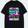 thumbnail image 1 of Black T Shirt Just A Girl Who Loves Monster Trucks And Unicorns Graphic Print For Casual Wear And Fun Outings, 1 of 3