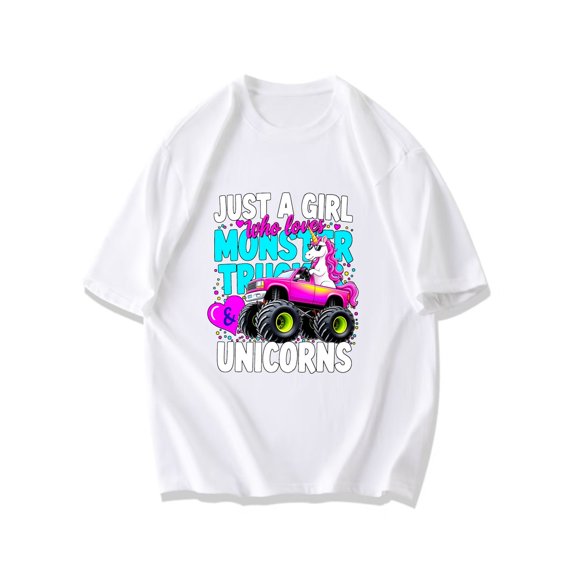 Black T Shirt Just A Girl Who Loves Monster Trucks And Unicorns Graphic Print For Casual Wear And Fun Outings