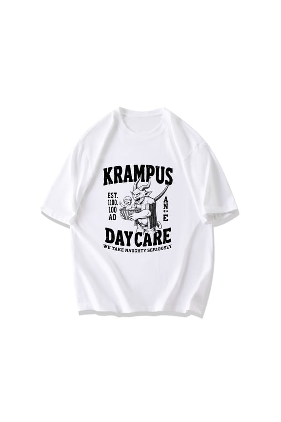 Black T Shirt Krampus Daycare Print With Devil Character And Text Established Ad We Take Naughty Seriously For Halloween And Holiday Themes