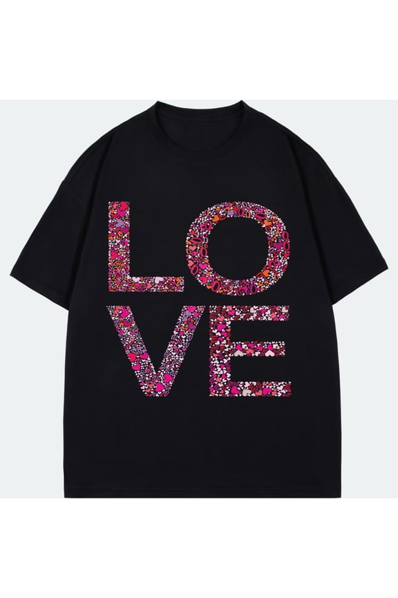 Black T-Shirt Love Floral Pattern Print Casual Wear For Women And Men