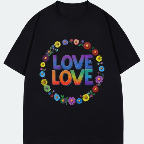 Black T-Shirt Love Love Rainbow Flowers Print Casual Wear For Everyday Outings And Pride Celebrations
