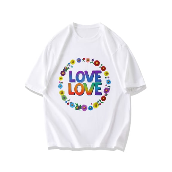 Black T-Shirt Love Love Rainbow Flowers Print Casual Wear For Everyday Outings And Pride Celebrations