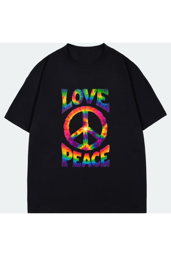 Black T Shirt Love Peace Tie Dye Print For Casual Wear And Festival Style