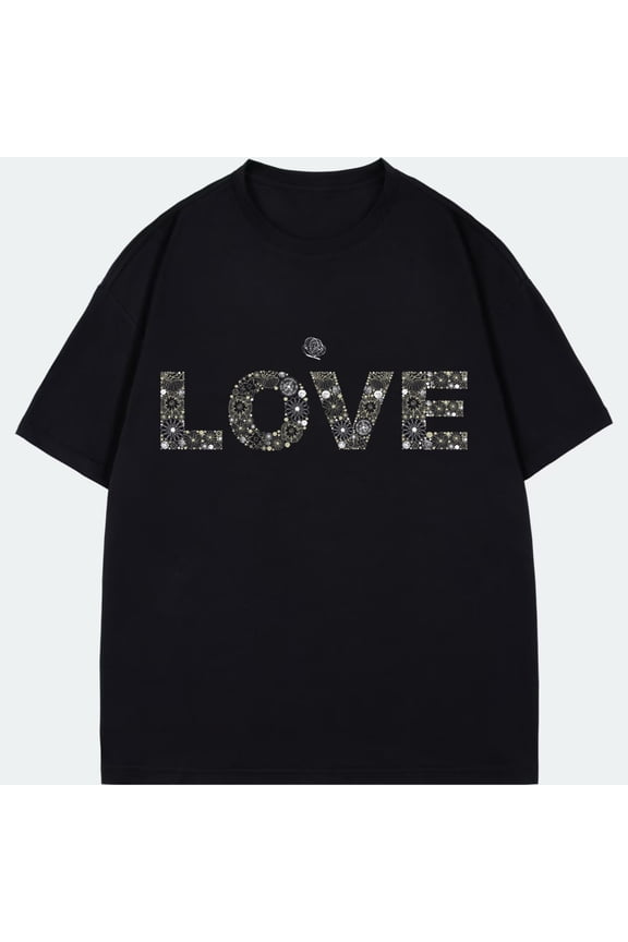 Black T Shirt Love Rhinestone Print Casual Wear For Men And Women