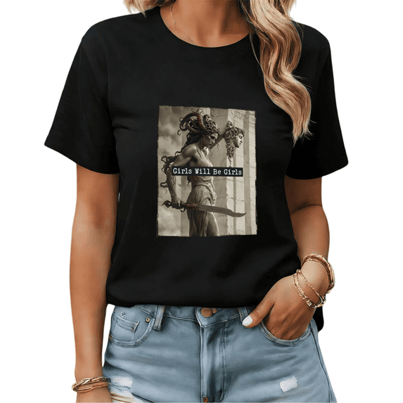 Black T-Shirt Medusa "Girls Will Be Girls" Pattern Dark Fantasy Style S-5XL Tops