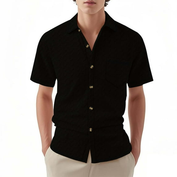 Black T Shirt Men Mens T Shirt Cotton Mens Textured Dress Shirts Casual Summer Button Down Short Sleeve Collar Tops Lightweight V Neck Stretch Soft Hawaiian Shirts