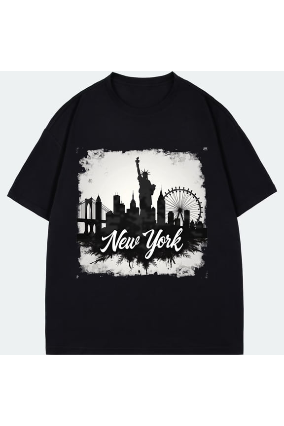 Black T Shirt New York City Skyline Statue Of Liberty Ferris Wheel And Bridge Print For Casual Wear Travel Souvenir Gift