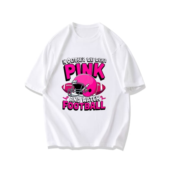 Black T Shirt Pink Football Helmet And Ball With Text In October We Wear Pink And Watch Football For Breast Cancer Awareness And Game Day