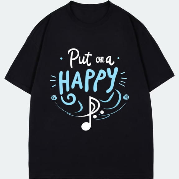 Black T Shirt Put On A Happy Music Note Print For Casual Wear And Music Lovers