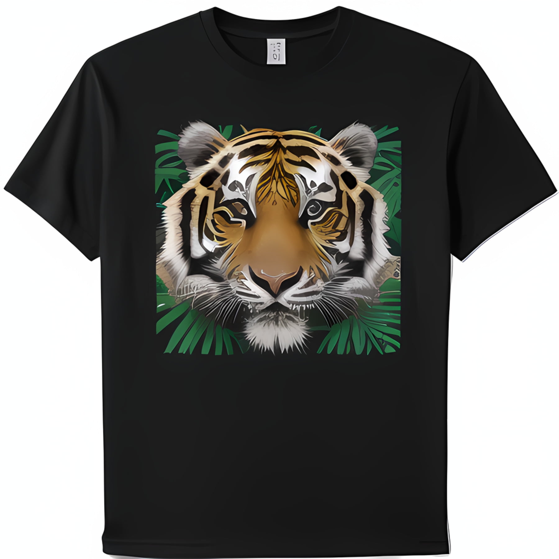 Black T-Shirt: Realistic Tiger Face Design with Green Leaves Background ...