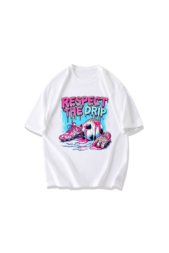 Black T Shirt Respect The Drip Soccer Ball And Sneakers Graffiti Print For Casual Streetwear Fashion