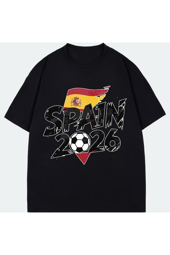 Black T Shirt Spain 2026 Football Flag Graphic Print For Soccer Fans And Sports Events
