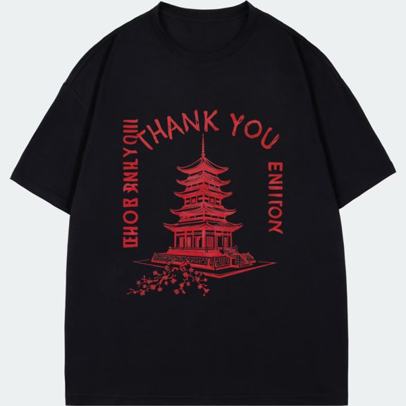 Black T Shirt Thank You Enlion Pagoda Design For Casual Wear